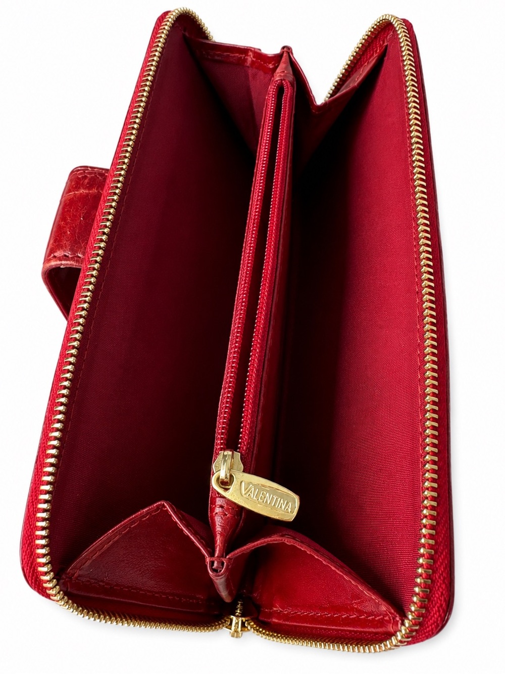Valentina Italian Genuine Leather Red Embossed Floral Zip Around Wallet - Picture 5 of 9